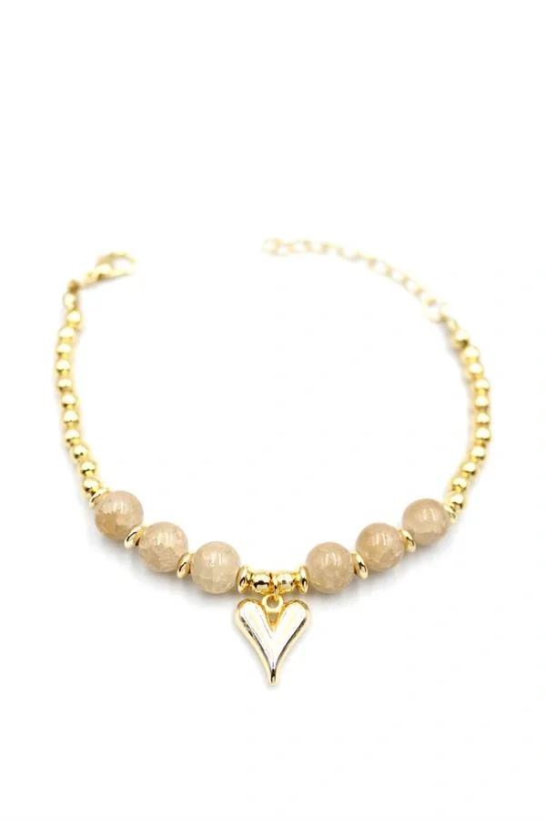 Boncuklu Kalp Bileklik - Krem