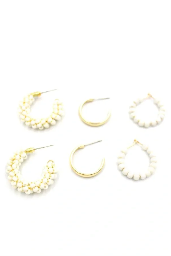 Boncuklu Küpe Seti - Krem