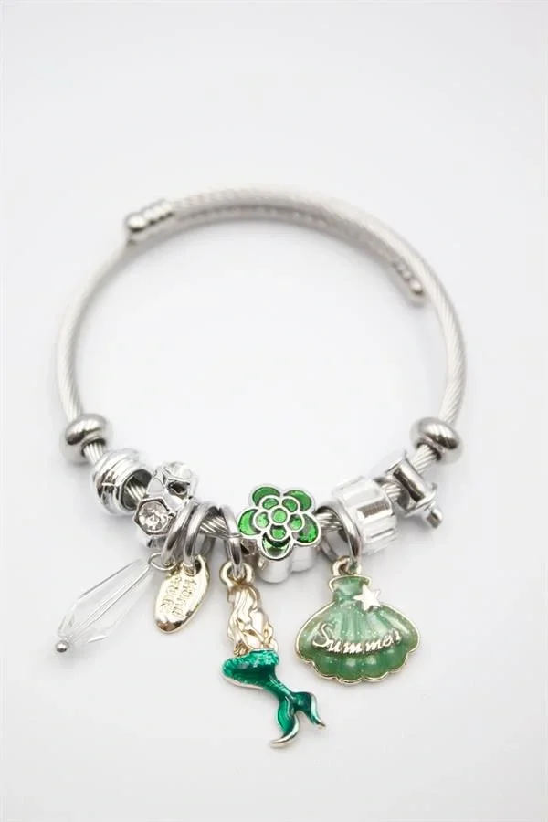 Çelik Charmlı Deniz Kızı Bileklik - Yeşil