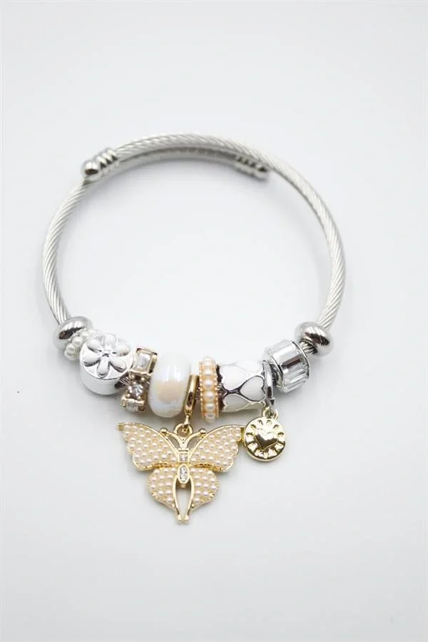 Çelik Charmlı Kelebek Bileklik - Beyaz