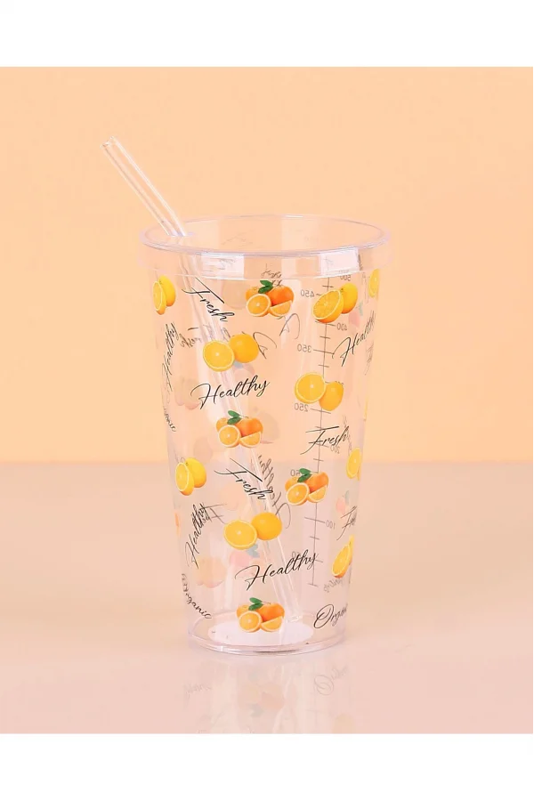 Desenli Plastik Pipetli Bardak 16 Cm 1 Adet Royaleks-ENF-040