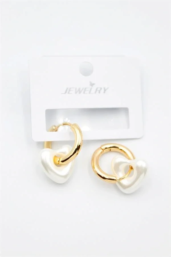 İnci Kalp Küpe - Altın