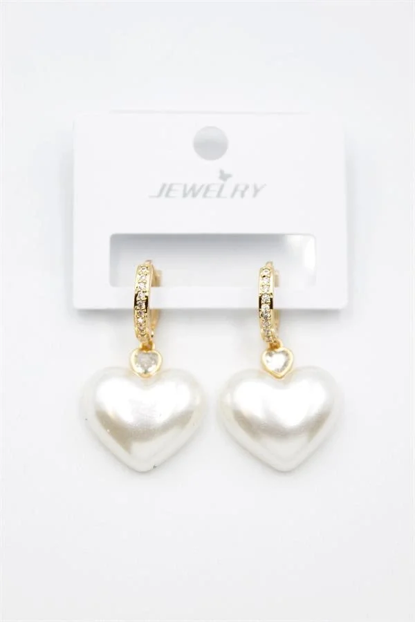 İnci Kalp Küpe - Altın