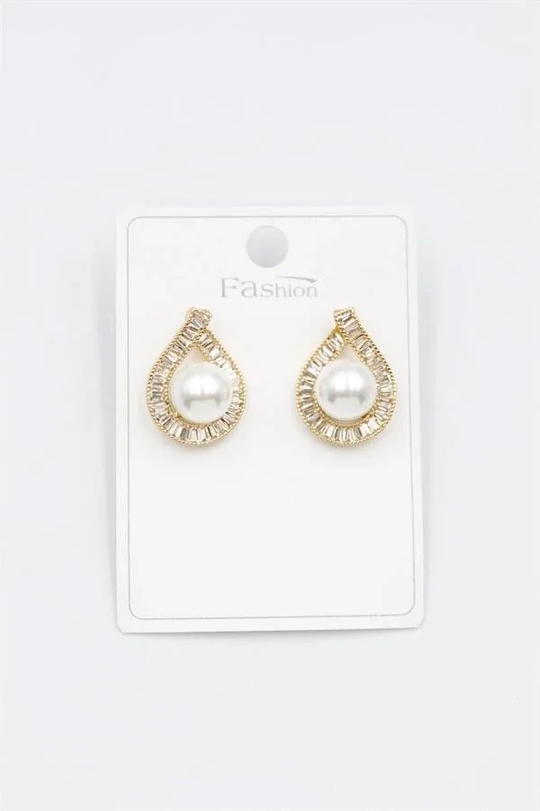 İncili Baget Taşlı Küpe - Altın