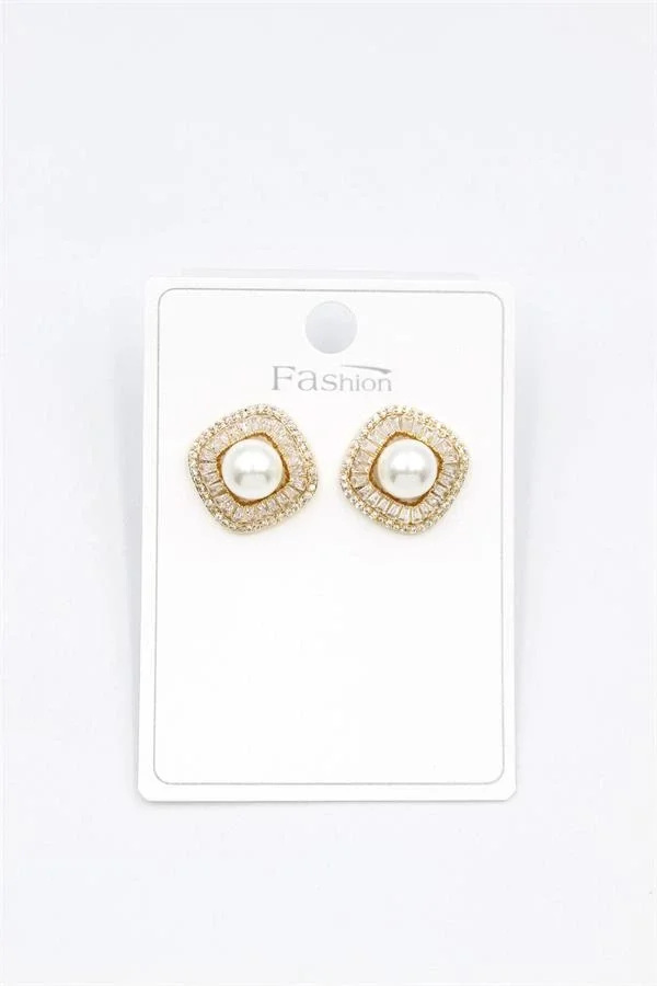 İncili Baget Taşlı Küpe - Altın