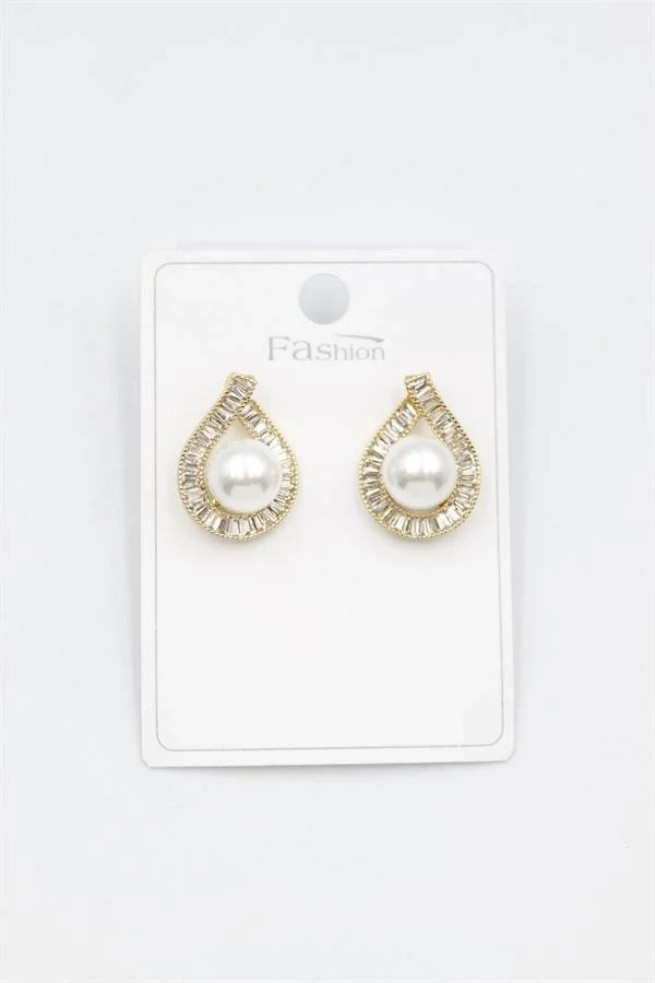 İncili Baget Taşlı Küpe - Altın