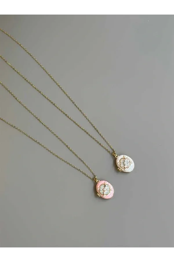 İncili Etnik Desen Kapaklı Kolye - Pembe