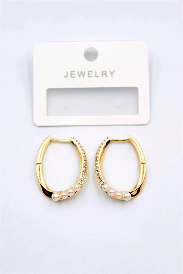 İncili Taşlı Halka Küpe - Altın