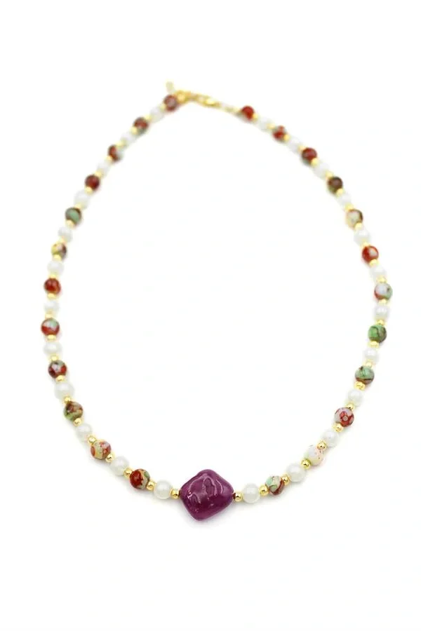 İncili Taşlı Kolye - Mor