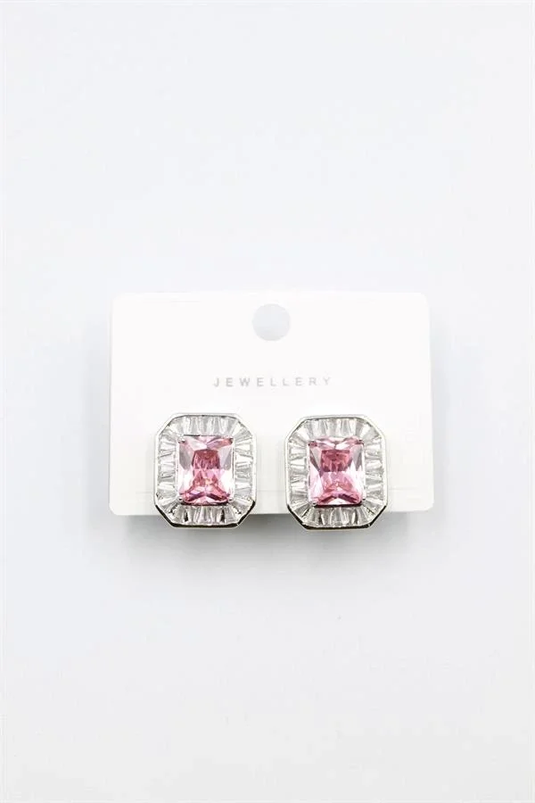 Kare Taşlı Küpe - Pembe