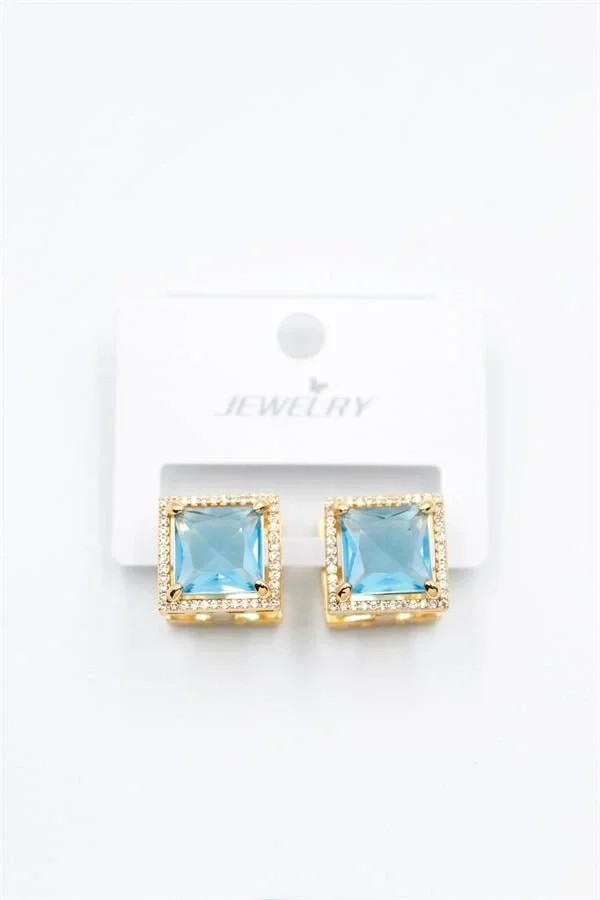 Kare Taşlı Küpe - Turkuaz