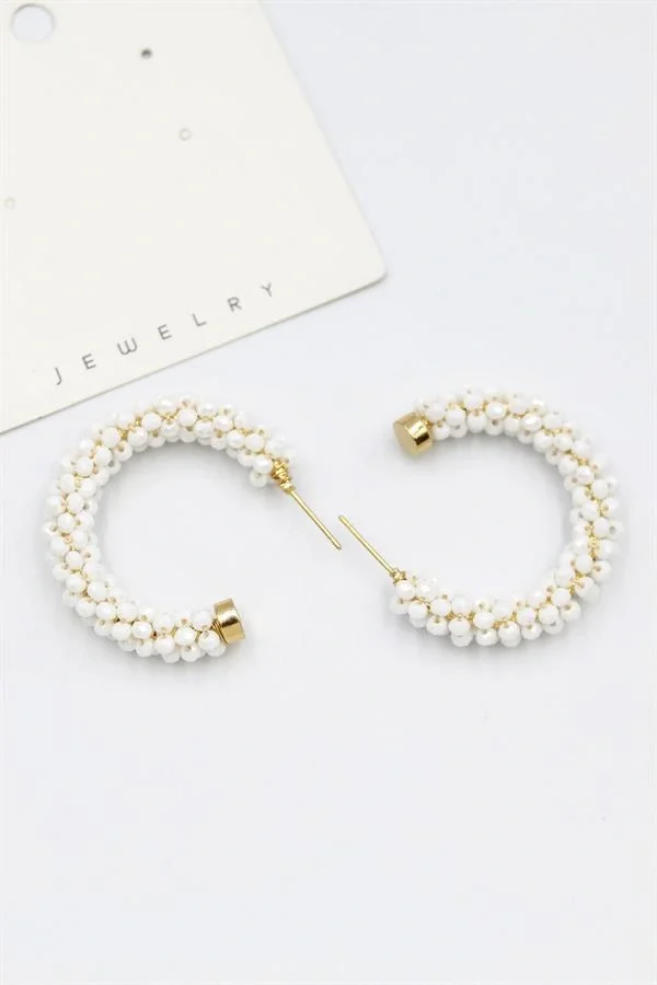 Kristal Boncuk Halka Küpe - Beyaz