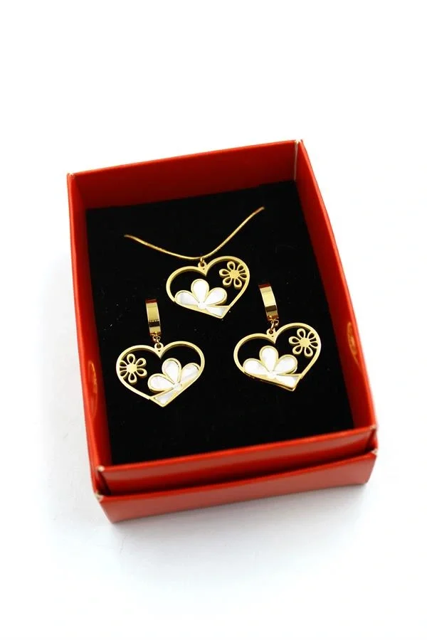 Papatya Kalp Set Kolye - Altın