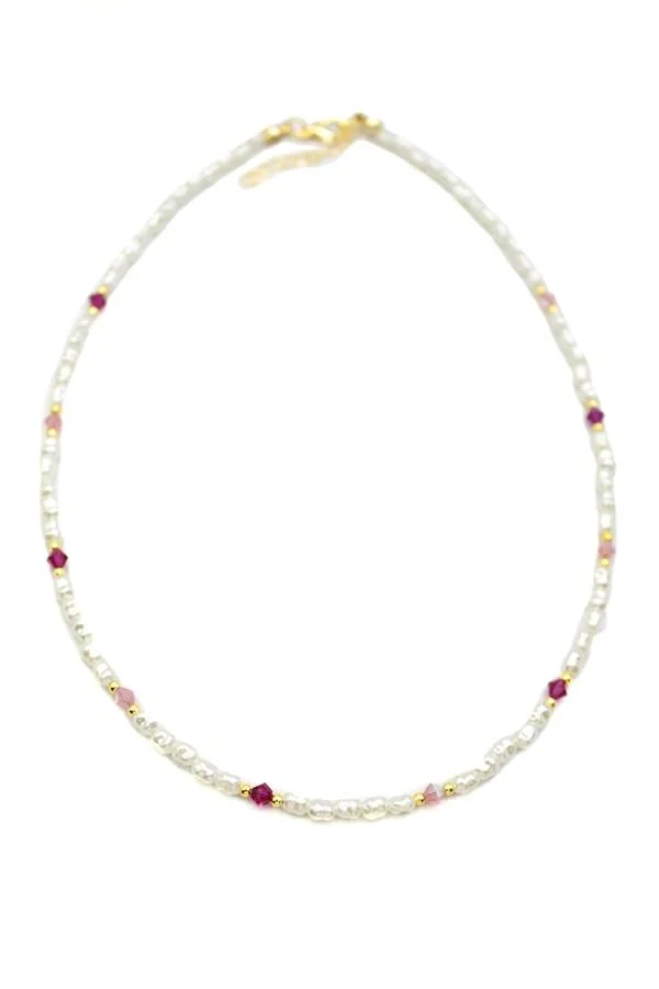 Renkli Boncuklu İnci Kolye - Fuşya