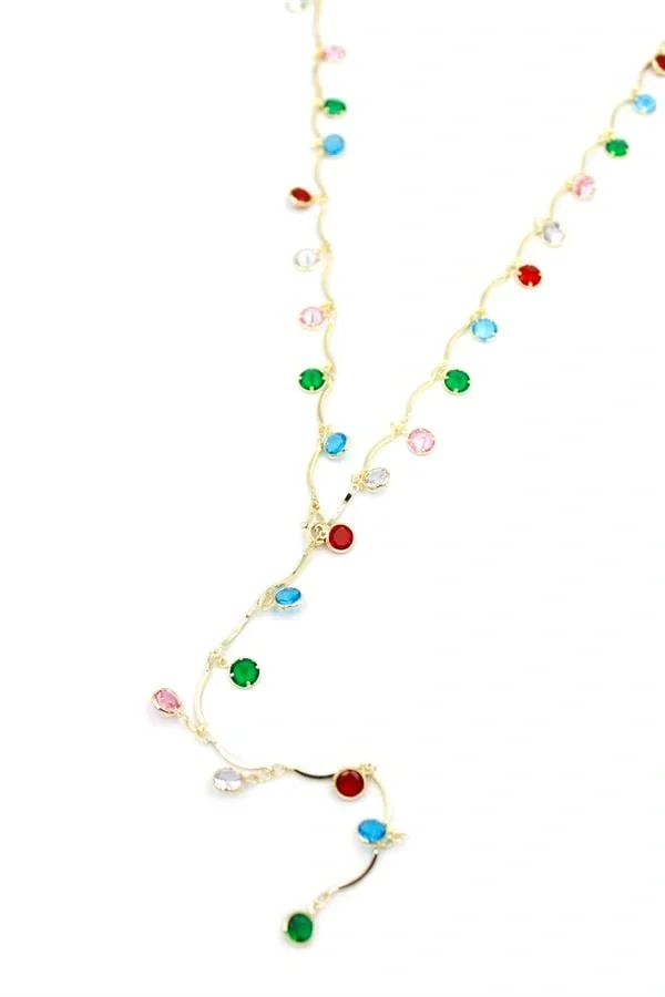 Renkli Taşlı Y Kolye - Altın