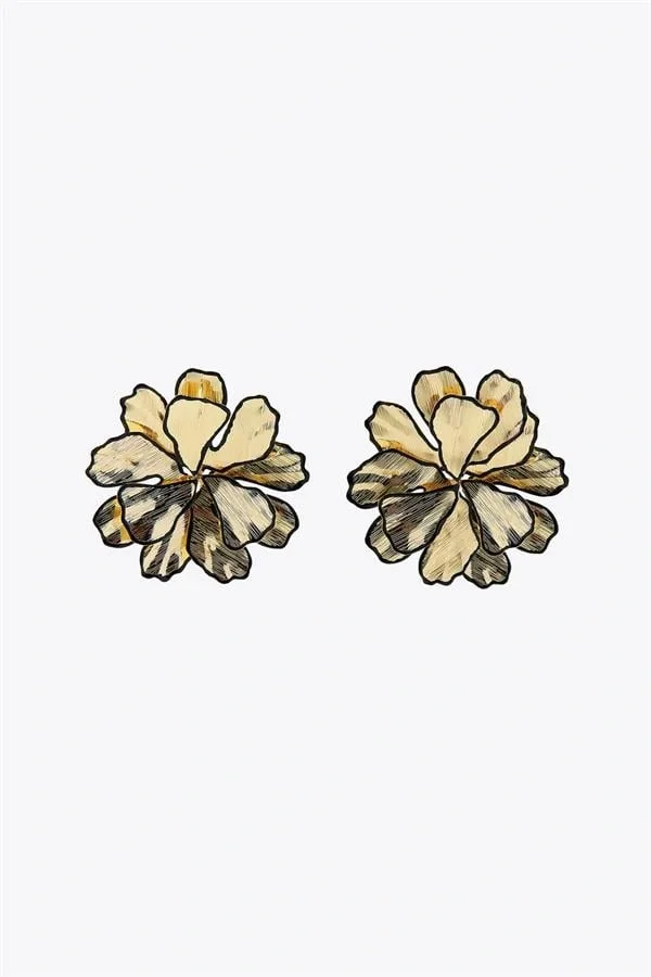 Siyah Detaylı Çiçek Küpe - Altın