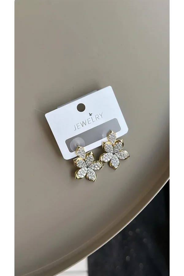 Taşlı Çiçek Küpe - Altın