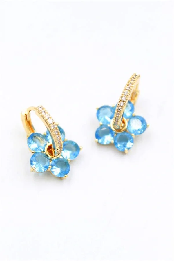 Taşlı Çiçek Küpe - Mavi