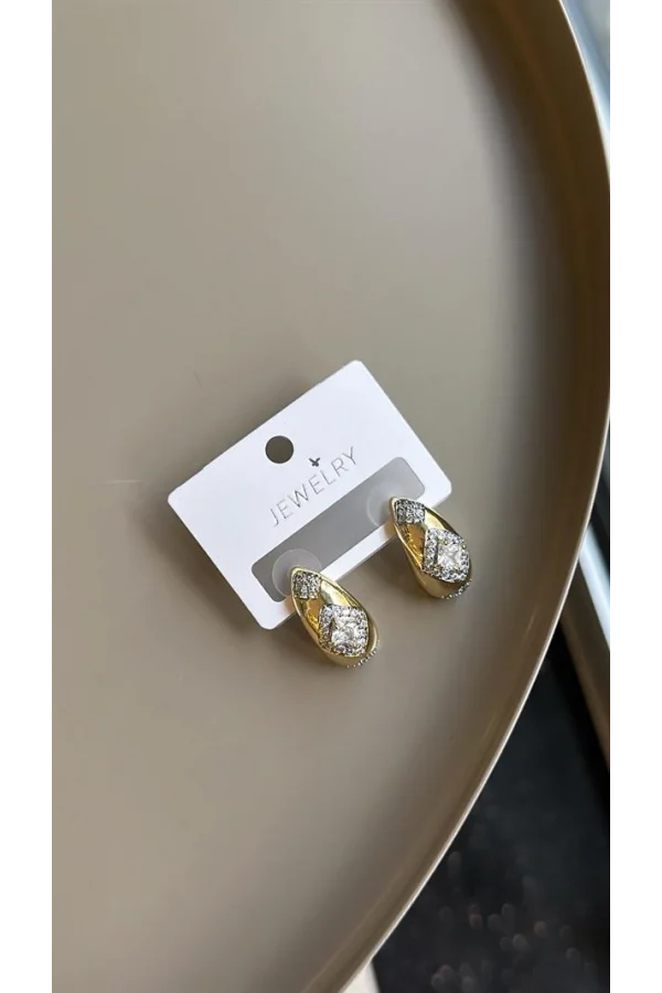 Taşlı Damla Küpe - Altın