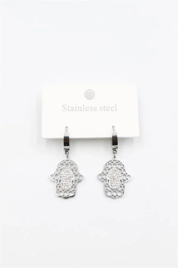 Taşlı Fatıma Eli Küpe - Gümüş