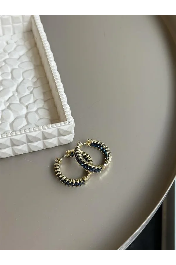 Taşlı Halka Küpe - Lacivert