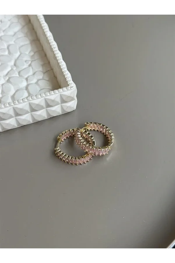 Taşlı Halka Küpe - Pembe