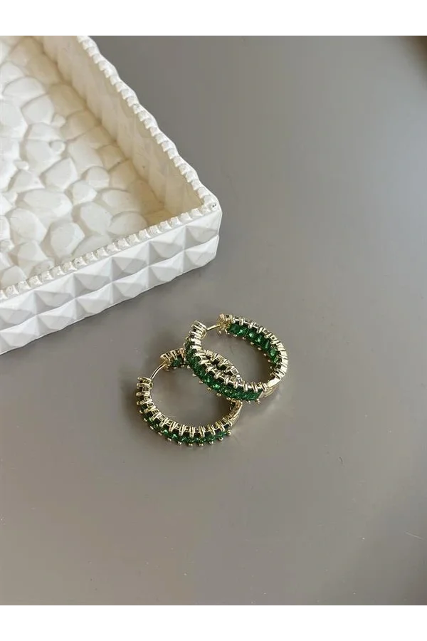 Taşlı Halka Küpe - Yeşil