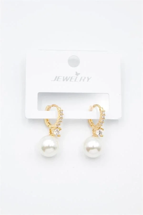 Taşlı İnci Küpe - Altın