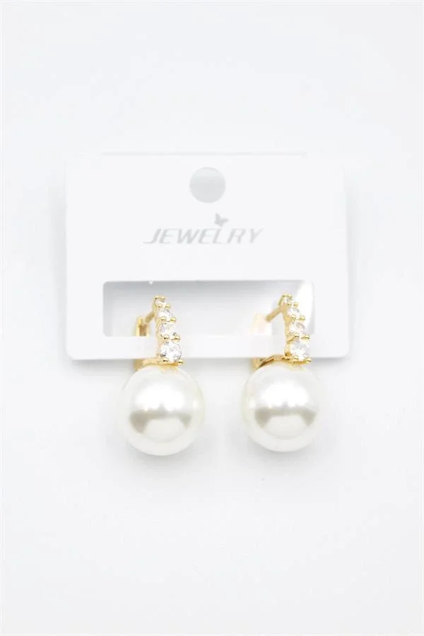 Taşlı İnci Küpe - Altın