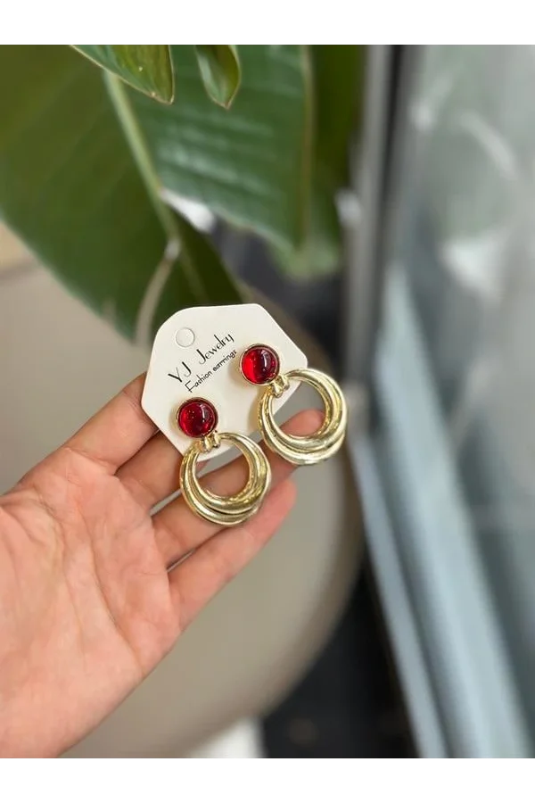 Taşlı Küpe - Bordo