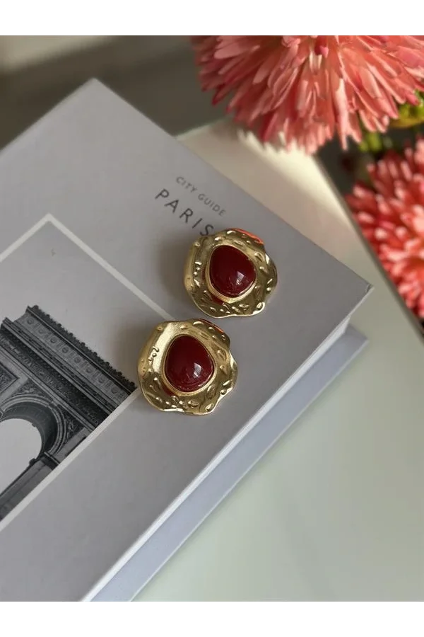 Taşlı Küpe - Bordo