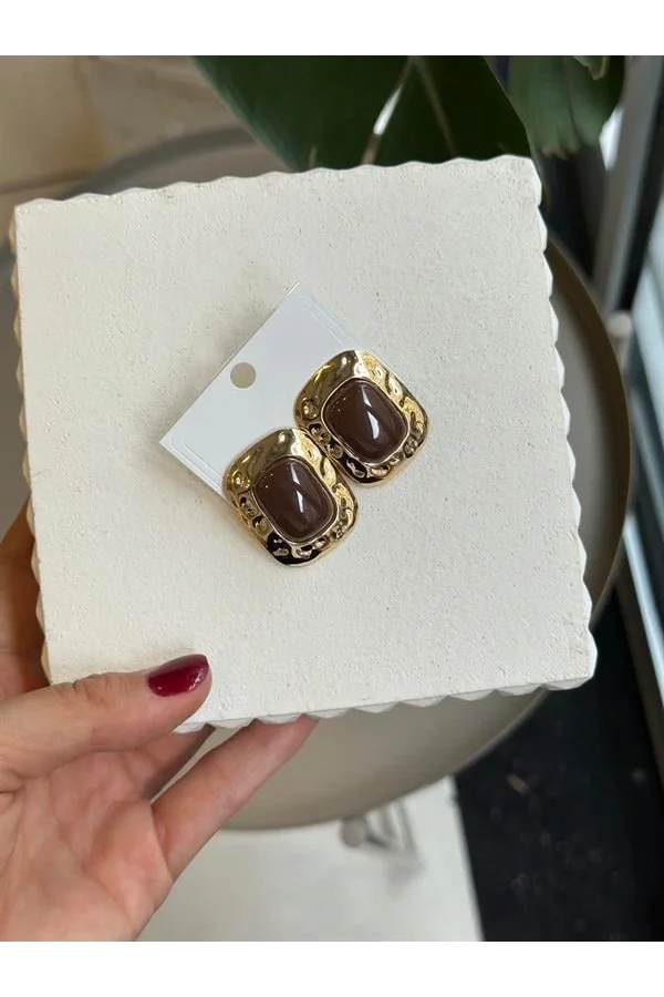 Taşlı Küpe - Kahverengi