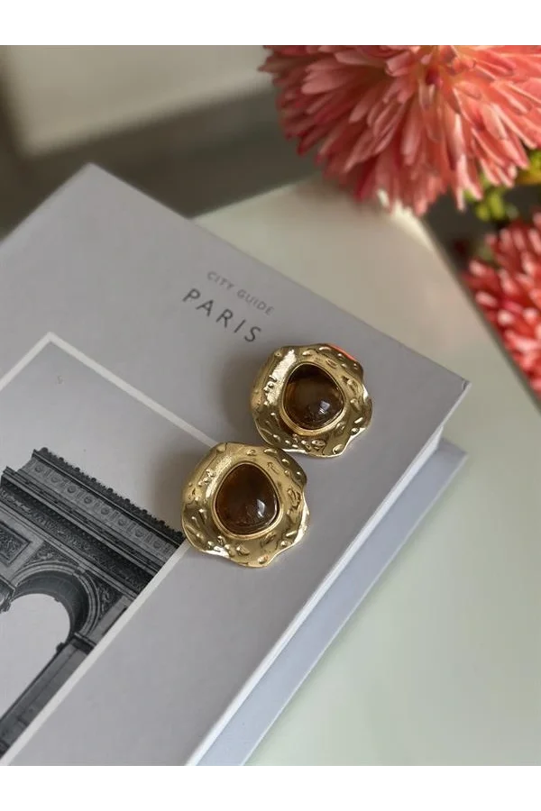 Taşlı Küpe - Kahverengi