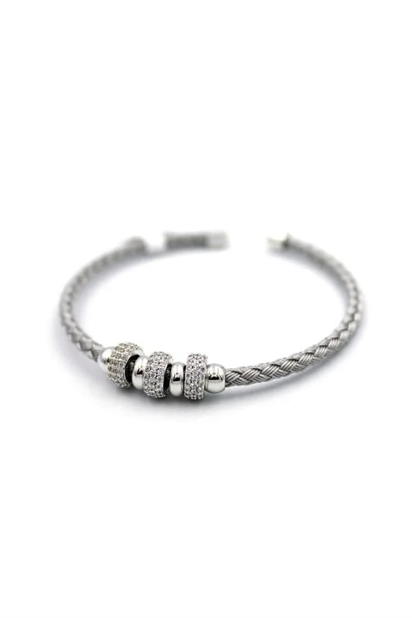 Taşlı Örgü Bilezik - Gümüş