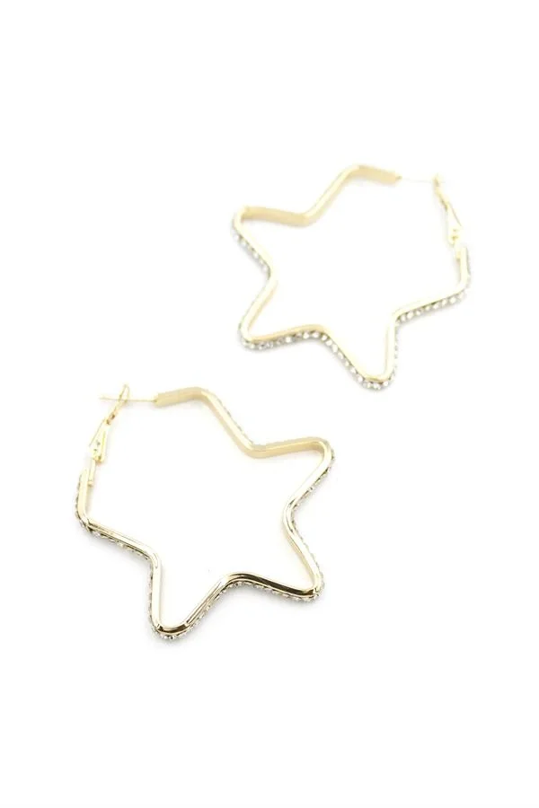 Taşlı Yıldız Halka Küpe - Altın