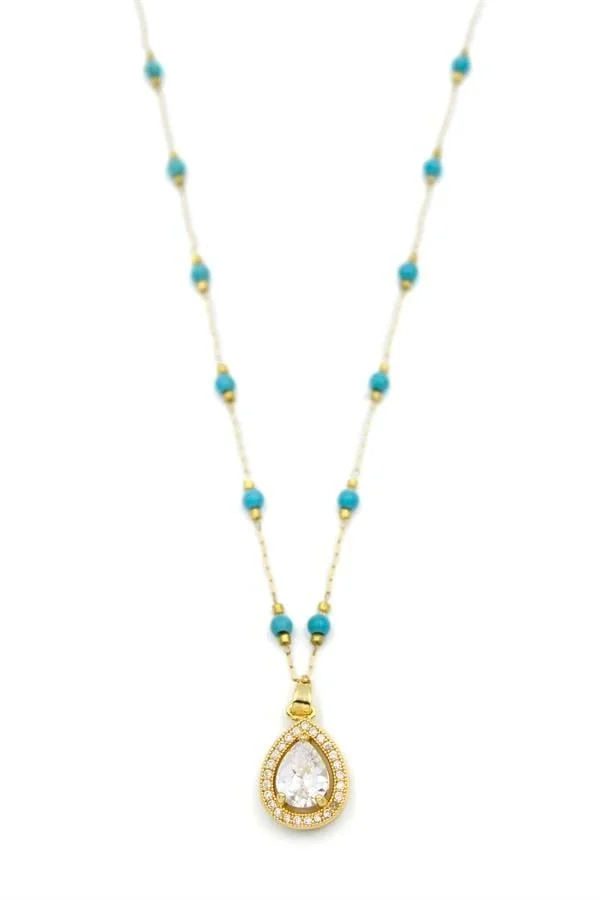 Turkuaz Boncuklu Kolye - Altın