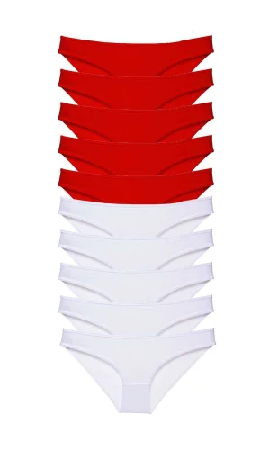 10 adet Süper Eko Set Likralı Kadın Slip Külot Kırmızı Beyaz