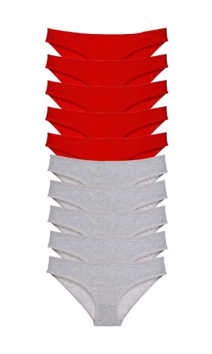 10 adet Süper Eko Set Likralı Kadın Slip Külot Kırmızı Gri