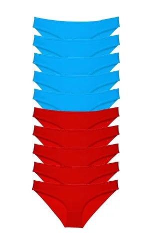 10 adet Süper Eko Set Likralı Kadın Slip Külot Kırmızı Mavi