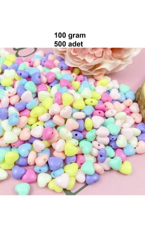 100 gr (500 adet) Şeker Rengi Akrilik Kalp Boncuklar Renkli Karışık Plastik Pastel Boncuklar Ara Boncuk Kalp Şekilli Kolye Bilezik için