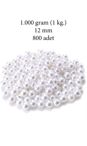 1.000 gram (1 kg.) 12mm Beyaz Renk Plastik İnci Boncuk Çanta ve Takı Yapım Boncuğu (~800 adet)