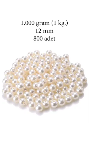 1.000 gram (1 kg.) 12mm Krem Renk Plastik İnci Boncuk Çanta ve Takı Yapım Boncuğu (~800 adet)