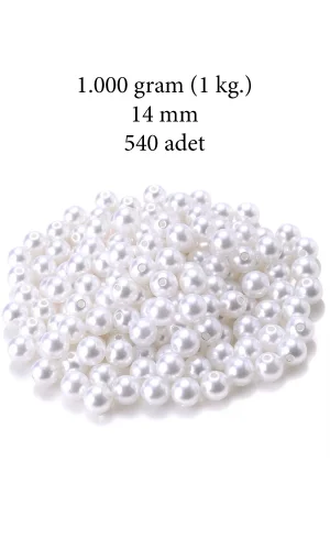 1.000 gram (1 kg.) 14mm Beyaz Renk Plastik İnci Boncuk Çanta ve Takı Yapım Boncuğu (~540 adet)