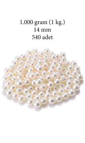 1.000 gram (1 kg.) 14mm Krem Renk Plastik İnci Boncuk Çanta ve Takı Yapım Boncuğu (~540 adet)