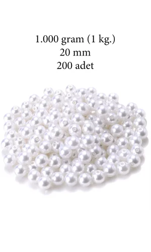 1.000 gram (1 kg.) 20mm Beyaz Renk Plastik İnci Boncuk Çanta ve Takı Yapım Boncuğu (~200 adet)