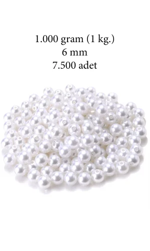 1.000 gram (1 kg.) 6mm Beyaz Renk Plastik İnci Boncuk Çanta ve Takı Yapım Boncuğu (~7.500 adet)