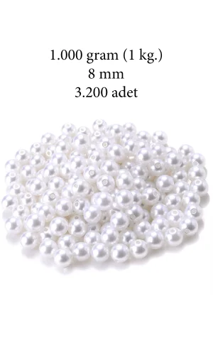 1.000 gram (1 kg.) 8mm Beyaz Renk Plastik İnci Boncuk Çanta ve Takı Yapım Boncuğu (~3.200 adet)