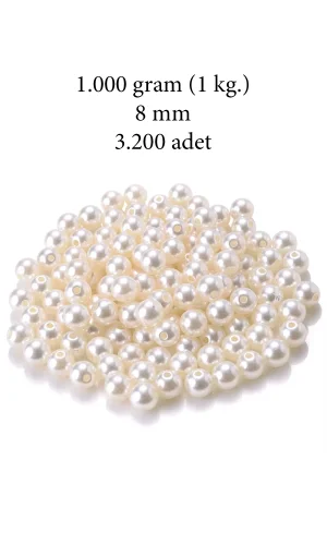 1.000 gram (1 kg.) 8mm Krem Renk Plastik İnci Boncuk Çanta ve Takı Yapım Boncuğu (~3.200 adet)