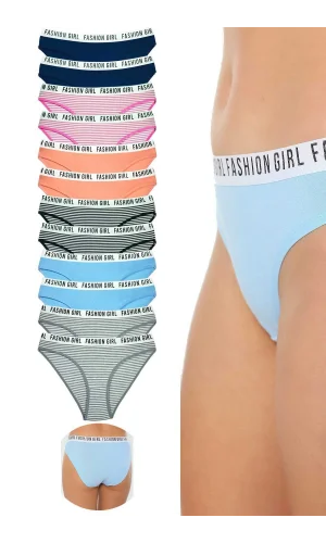12 Adet Beli Yazılı Lastik Pamuk Kadın Külot
