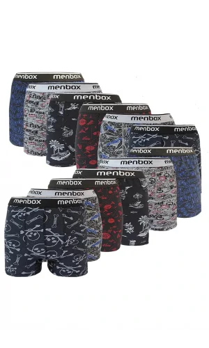 12 Adet Likralı Erkek Boxer Karışık Desenli Pamuklu